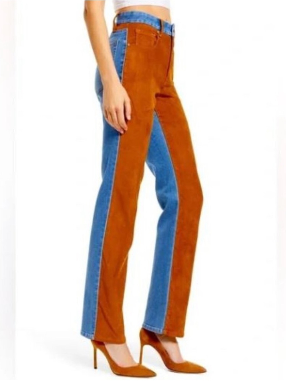 GOOD AMERICAN NWT Good Icon Mixed Media Denim Faux Suede Jeans Tan/Blue Size 00